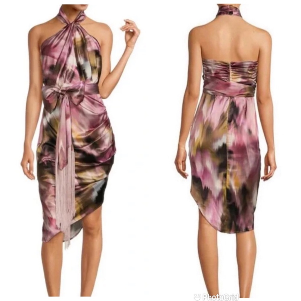 BADGELEY MISCHKA Pink Purple Halter Neck Midi Dress Cocktail Fringe Belted Sz 8